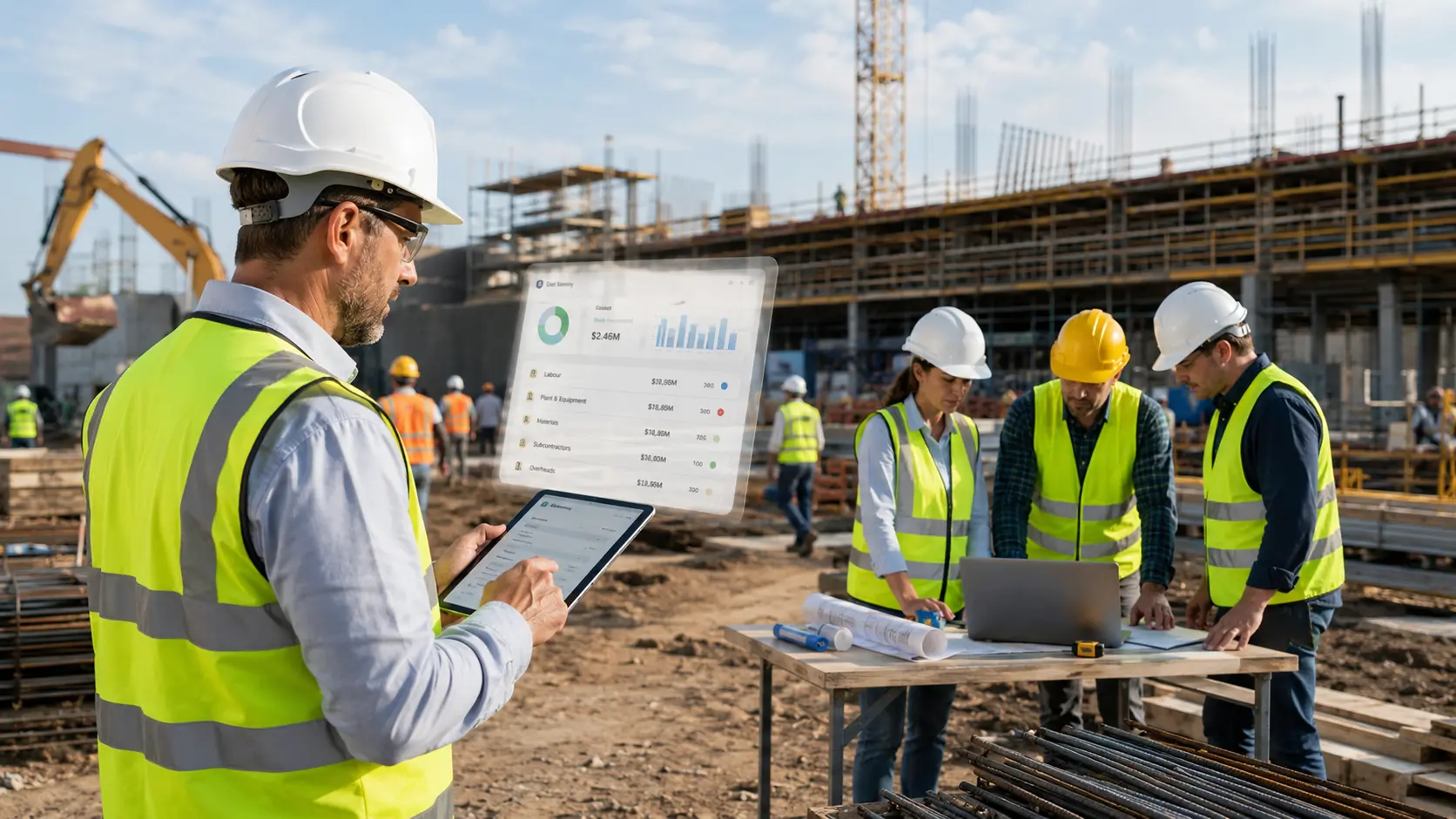 Construction manager reviewing project costs on a tablet at an active site