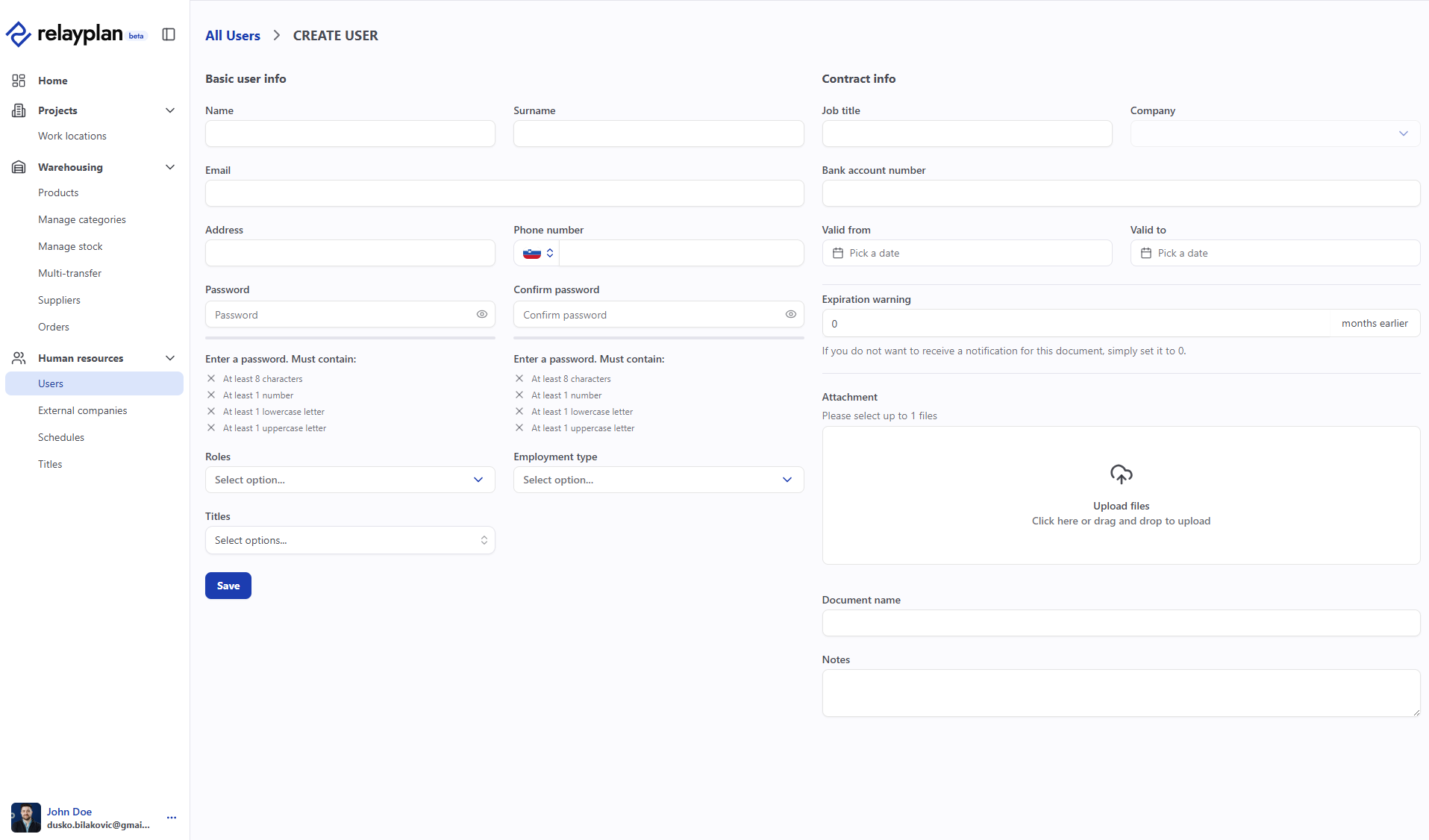 Add new user form in RelayPlan