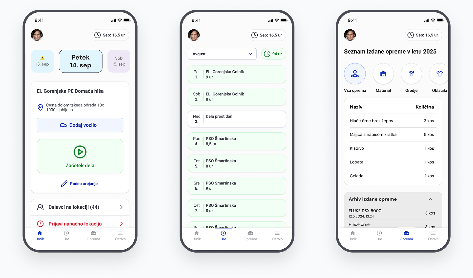 Zaslon za registracijo ur v mobilni aplikaciji RelayPlan