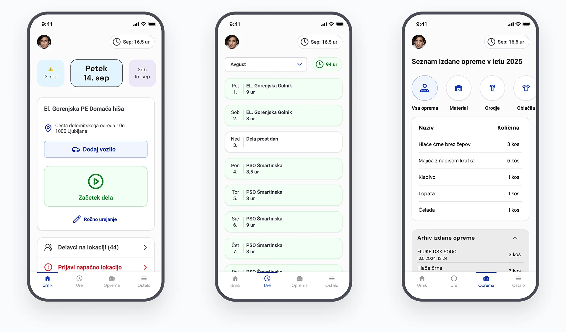 Zaslon za registracijo ur v mobilni aplikaciji RelayPlan