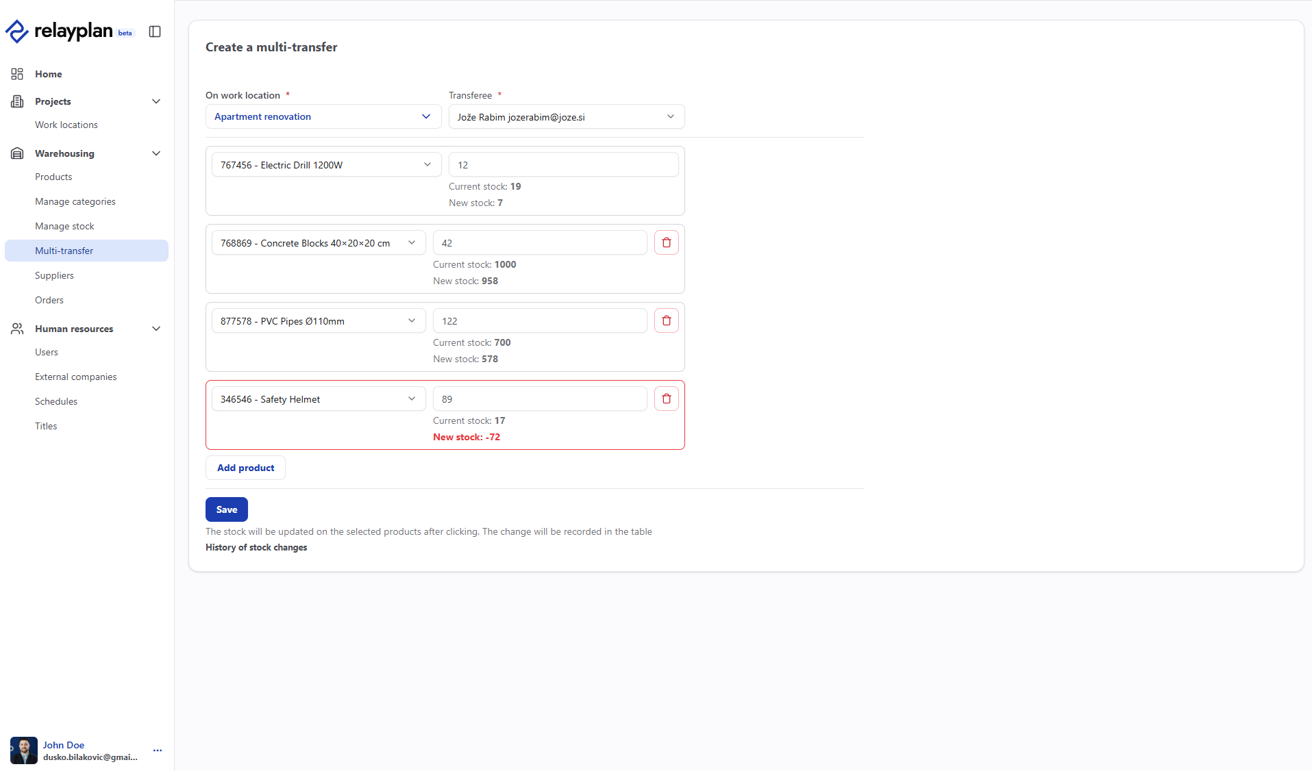 Multi-transfer form in RelayPlan