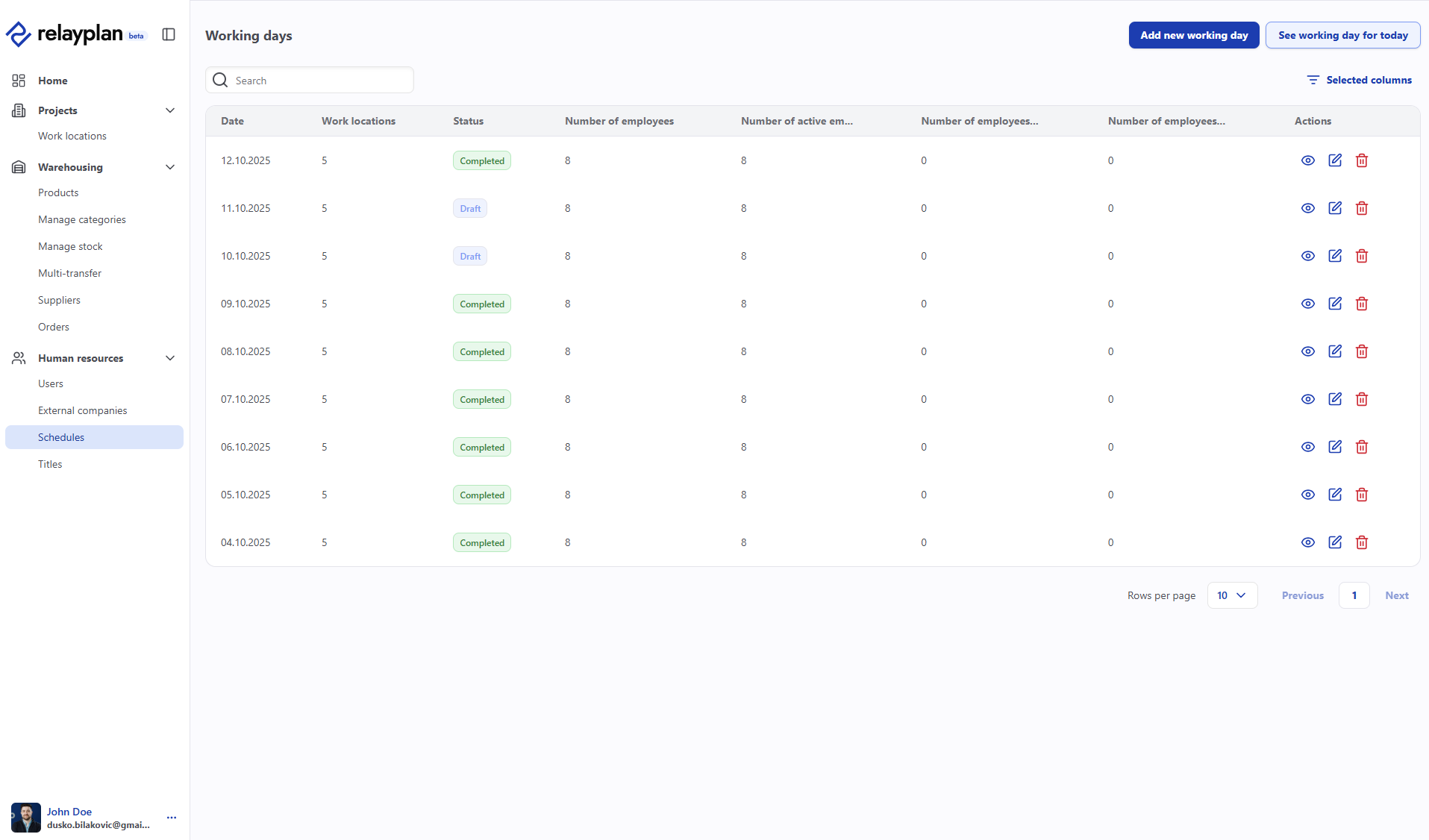 Assignments and schedules list in RelayPlan