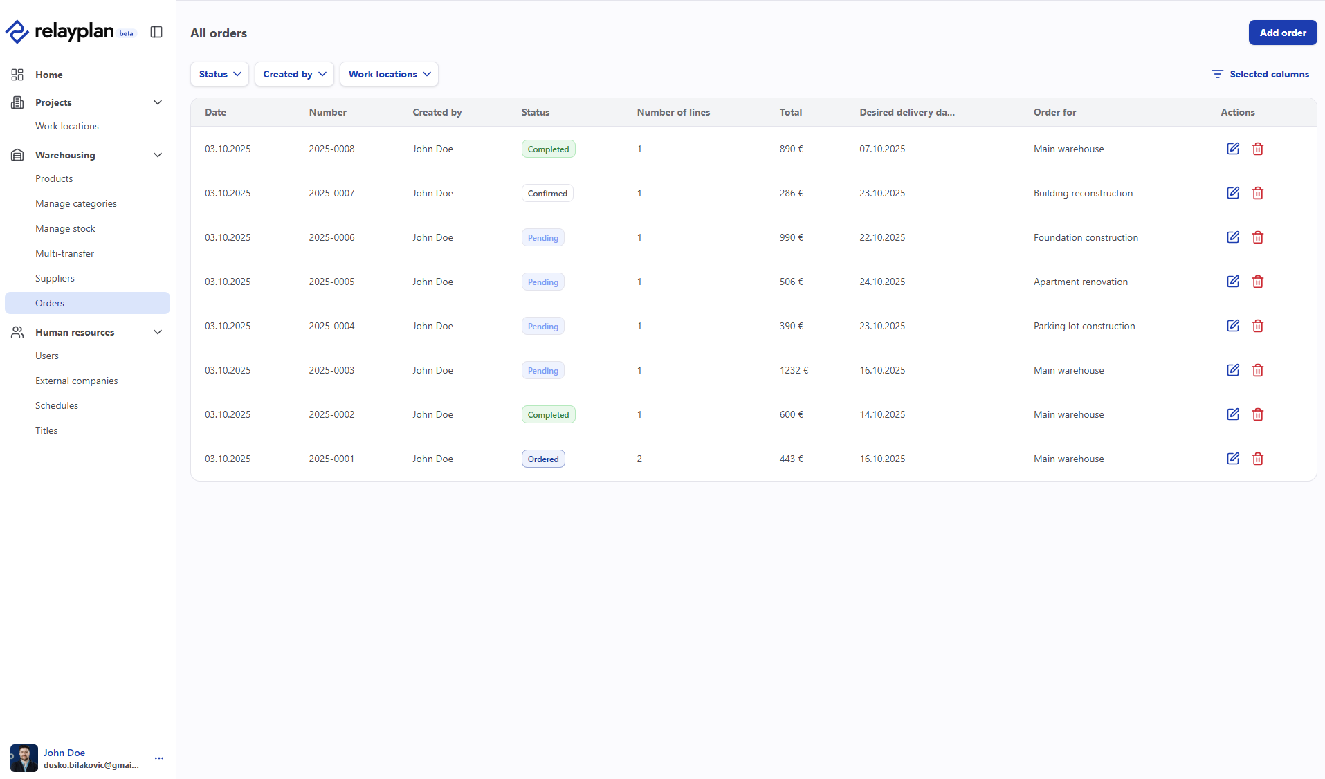 Orders list with status column in RelayPlan