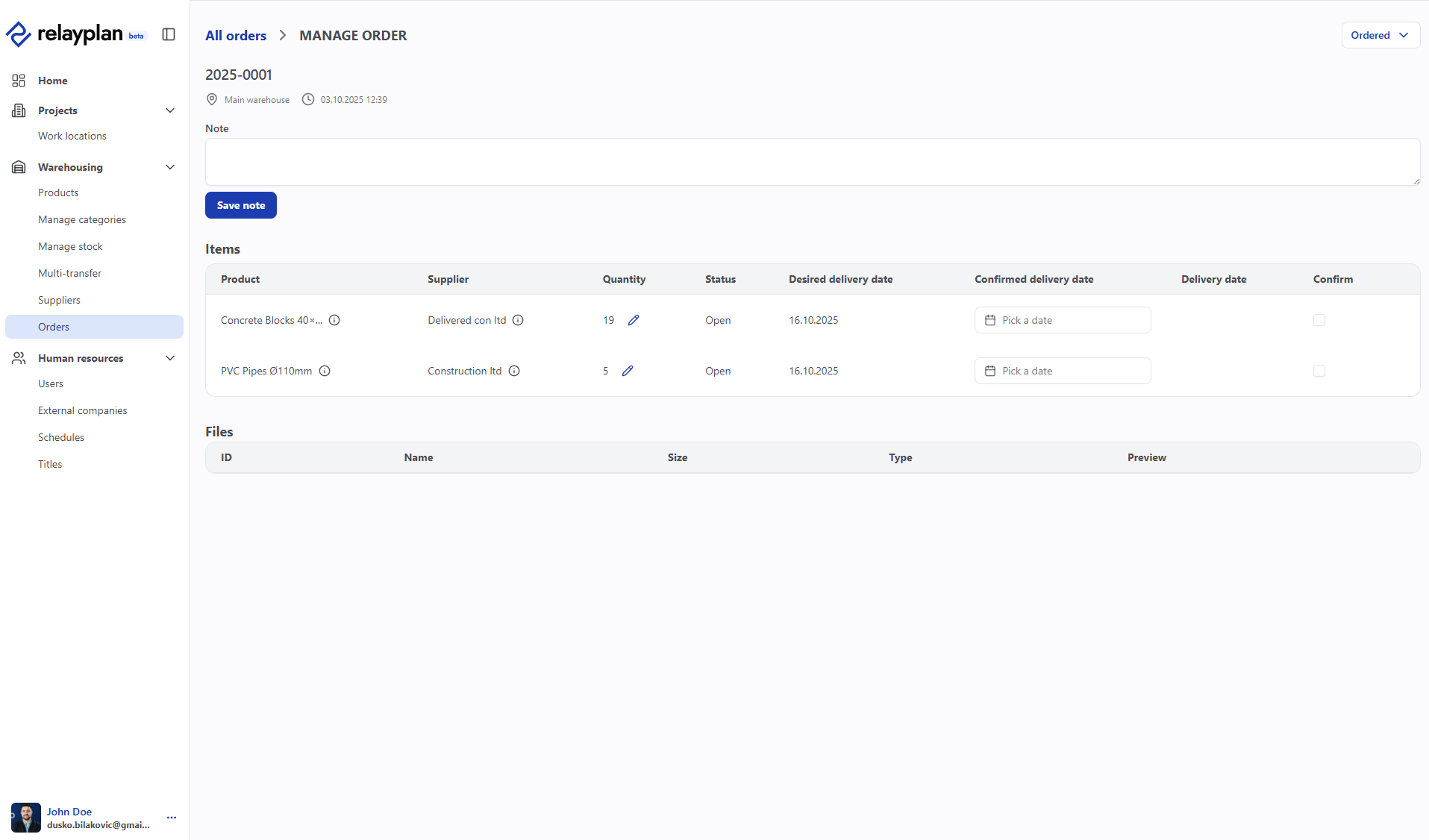 Edit order screen in RelayPlan