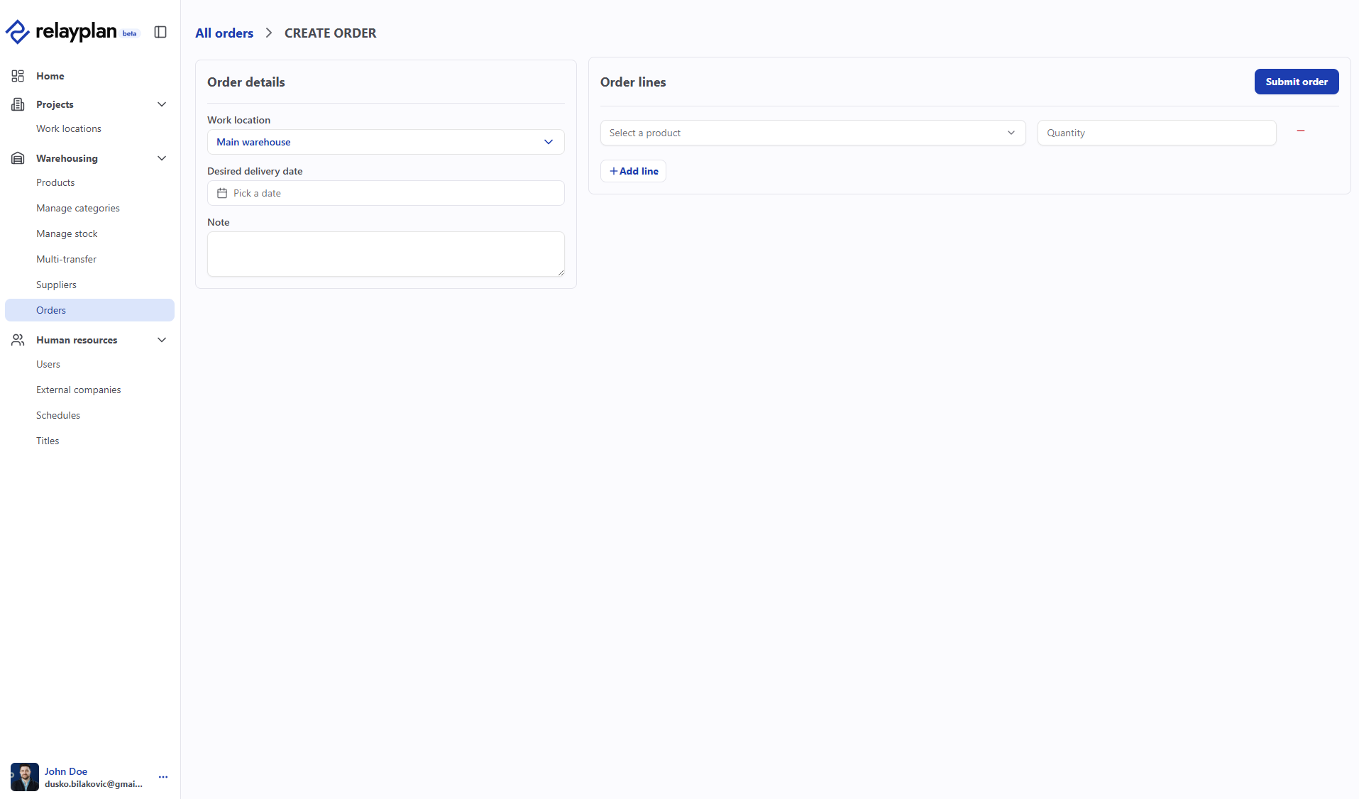 Create order form in RelayPlan