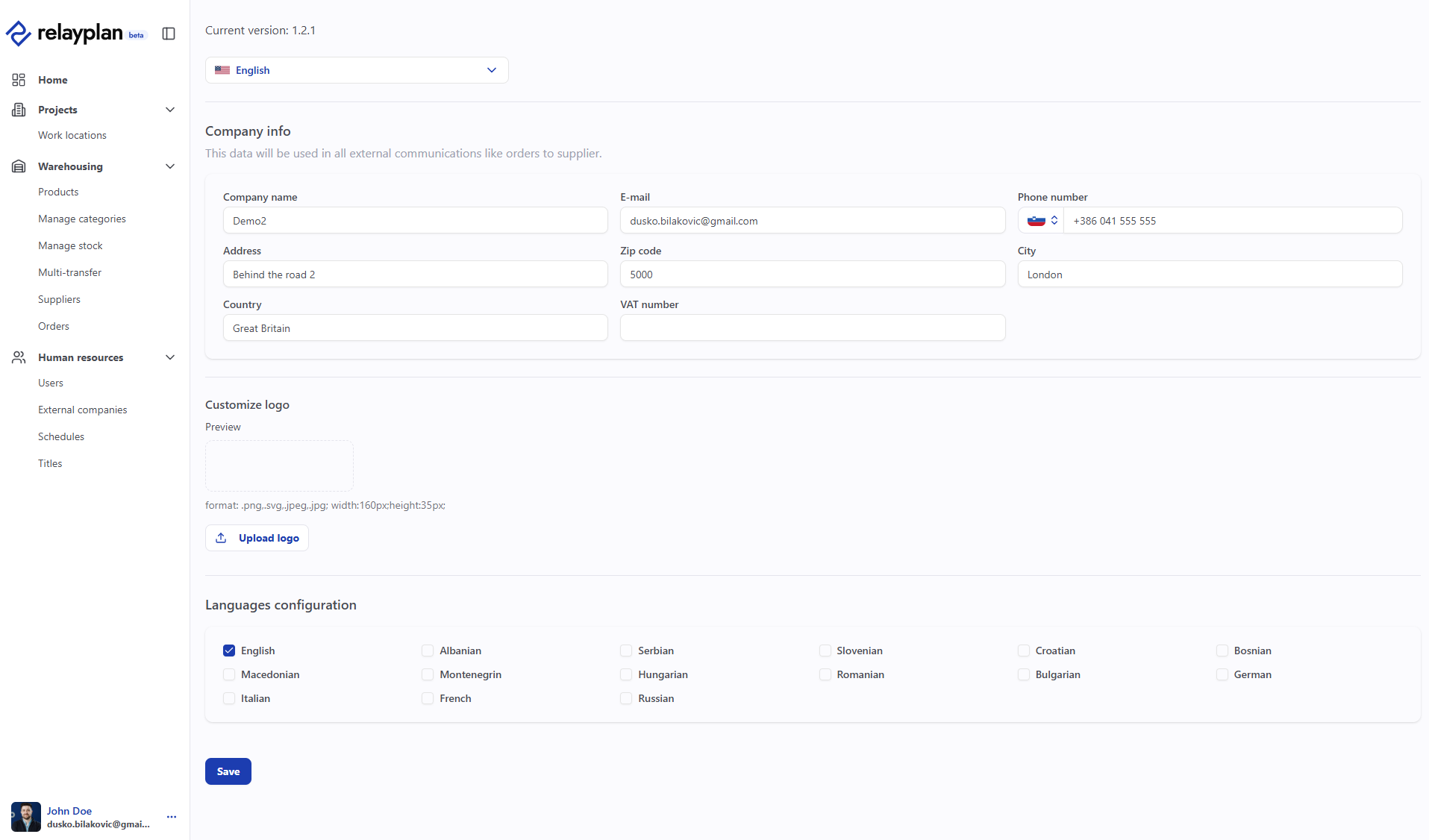 Basic company settings in RelayPlan