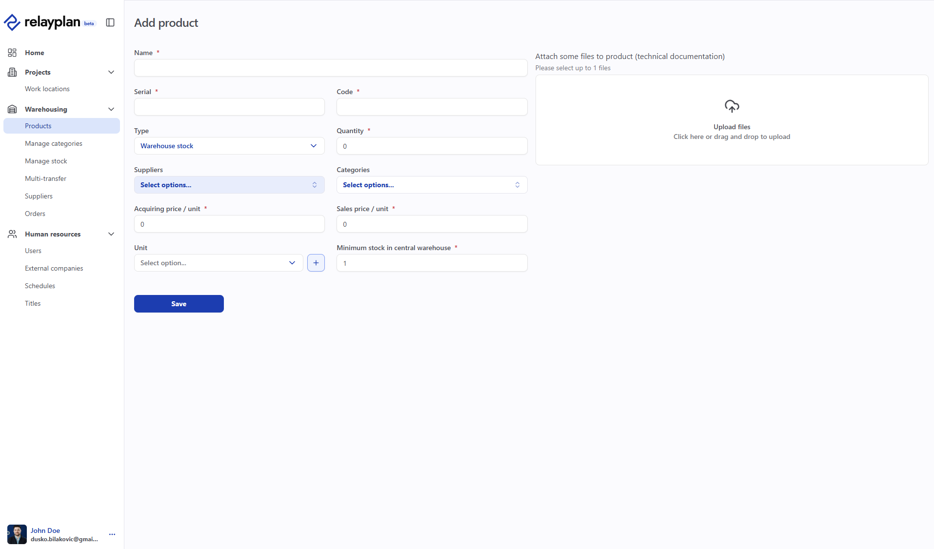 New warehouse item form in RelayPlan